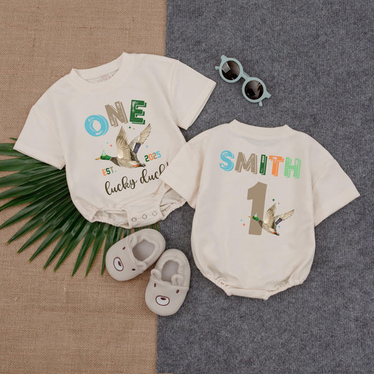 Personalized One Lucky Duck Baby Romper, 1st Birthday Bodysuit, Mallard Duck Gift for Baby Boy or Girl, Duckling Theme