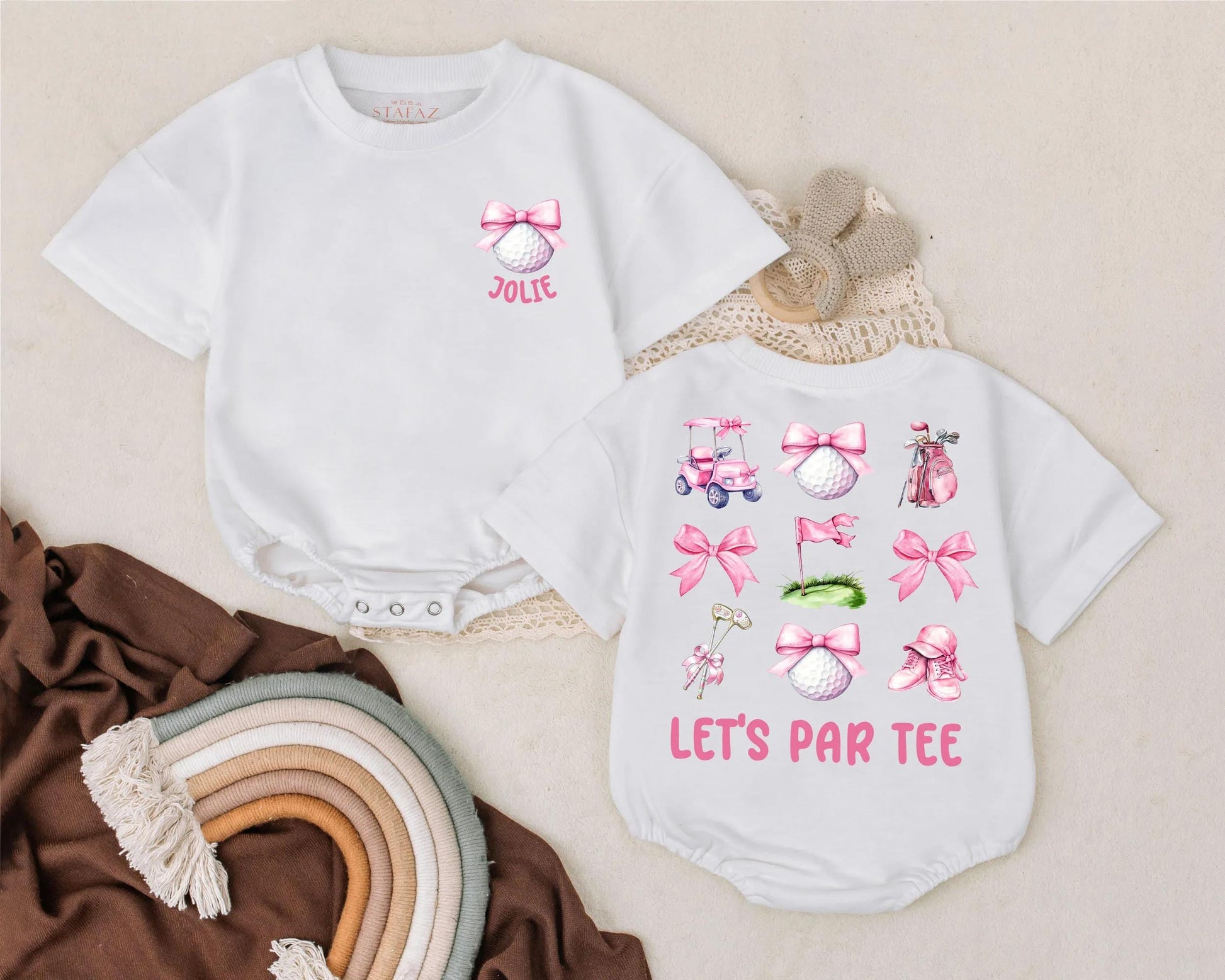 Customized Golf Baby Bubble Romper Let's Par Tee Outfit Cute Pink Golf Birthday Girl Baby Clothes