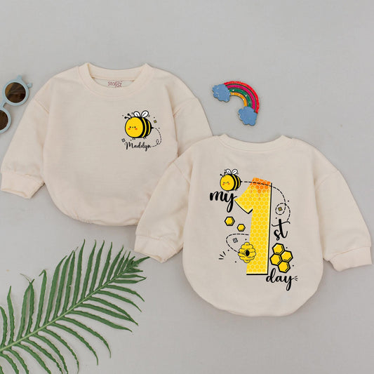 Personalized My 1st Bee Day Romper Baby Girl Bumblebee First Birthday Outfit Yellow Black Honeycomb Cartoon Bee Custom Name Gift
