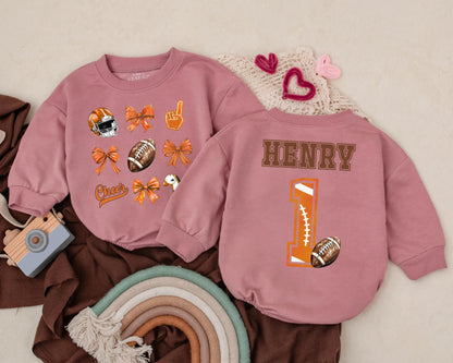 Personalized Football Bubble Romper First Birthday Outfit Game Day Baby Girl Clothes Cheer Bow Romper Baby Girl Football Gift