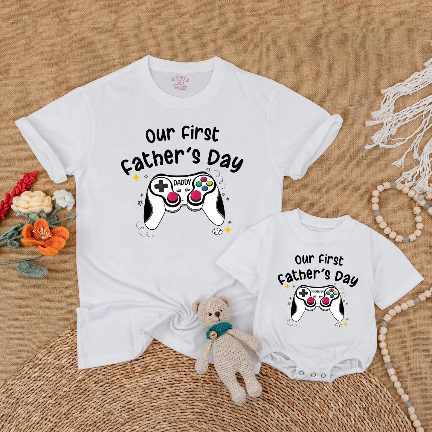 Custom Gaming First Fathers Day Matching Shirt for Daddy and Baby Personalized with Names Adorable Matching Outfits for a Special First Father's Day Gift