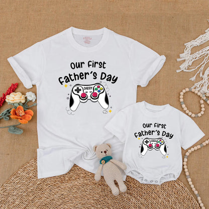 Custom Gaming First Fathers Day Matching Shirt for Daddy and Baby Personalized with Names Adorable Matching Outfits for a Special First Father's Day Gift