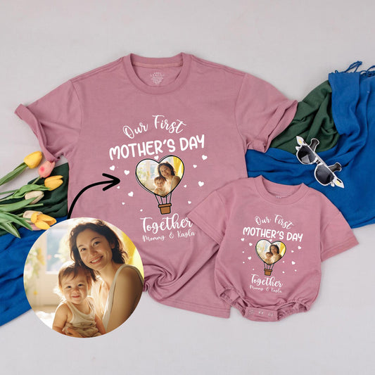Personalized First Mother's Day Shirt for Baby & Mom - Custom Photo & Name Gift Set - New Mom & Baby Outfit