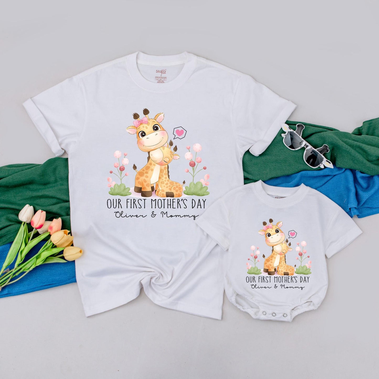 Personalized Mommy & Baby Giraffe Tees - Our First Mother's Day Outfit for New Moms, Cute Baby Announcement Gift, Comfortable Cotton