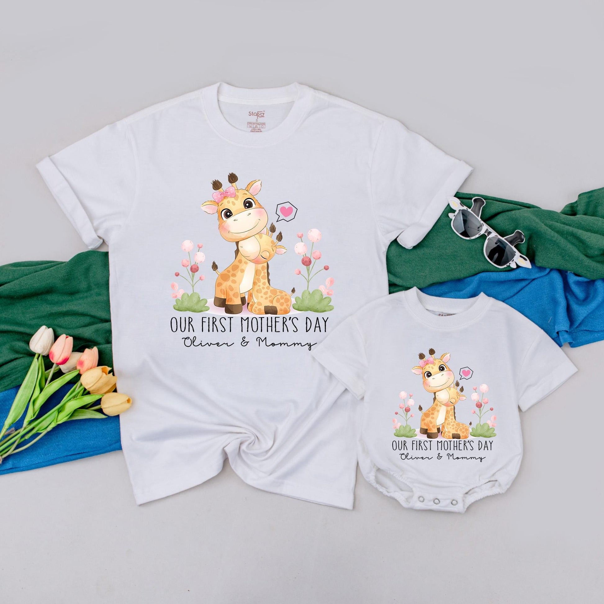Personalized Mommy & Baby Giraffe Tees - Our First Mother's Day Outfit for New Moms, Cute Baby Announcement Gift, Comfortable Cotton