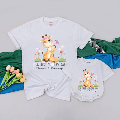 Personalized Mommy & Baby Giraffe Tees - Our First Mother's Day Outfit for New Moms, Cute Baby Announcement Gift, Comfortable Cotton