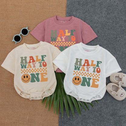 Custom Name Half Birthday Bubble Romper 6 Month Bodysuit Halfway to One Outfit Baby Girl Boy Gift