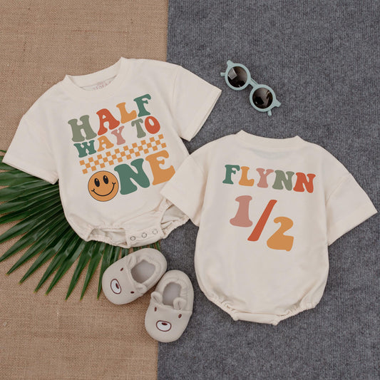 Custom Name Half Birthday Bubble Romper 6 Month Bodysuit Halfway to One Outfit Baby Girl Boy Gift