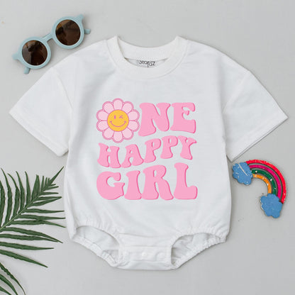One Happy Girl Birthday Outfit Retro Pink Daisy Family T-Shirt First Birthday Girl Gift Custom Name Apparel
