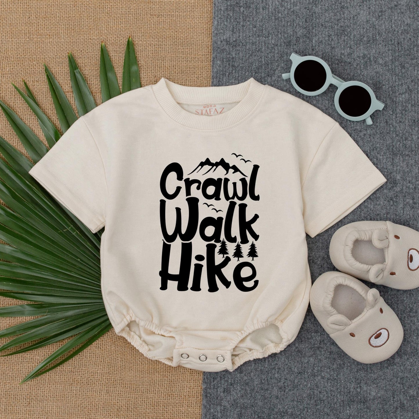 Crawl Walk Hike Baby Bubble Romper Adventure Bodysuit, Outdoorsy Nature Inspired Infant Outfit with Playful Mountain & Tree Design