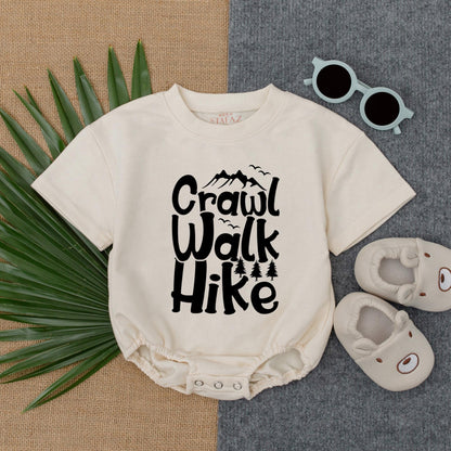 Crawl Walk Hike Baby Bubble Romper Adventure Bodysuit, Outdoorsy Nature Inspired Infant Outfit with Playful Mountain & Tree Design