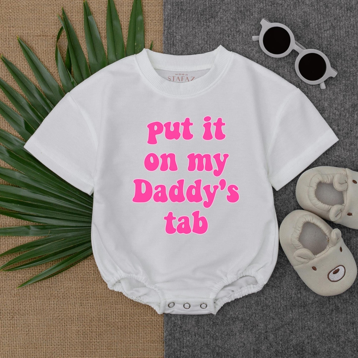 Put It on Daddy’s Tab T-Shirt Bubble Romper – Funny Baby Outfit – Customizable Baby Boy or Girl Romper – Perfect for Father’s Day & Photoshoots
