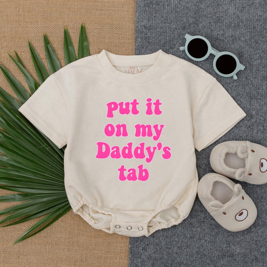 Put It on Daddy’s Tab T-Shirt Bubble Romper – Funny Baby Outfit – Customizable Baby Boy or Girl Romper – Perfect for Father’s Day & Photoshoots

