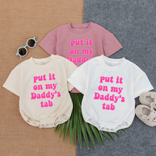 Put It on Daddy’s Tab T-Shirt Bubble Romper – Funny Baby Outfit – Customizable Baby Boy or Girl Romper – Perfect for Father’s Day & Photoshoots
