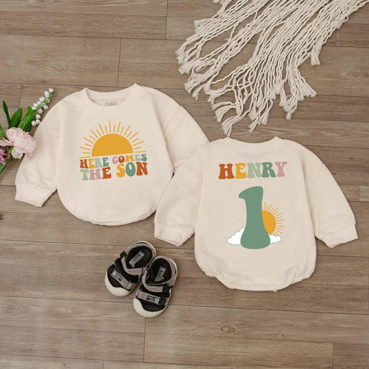 Here Comes The Son Baby Birthday Outfit Newborn Bodysuit Boy or Girl 1st Birthday Shirt Gift Personalized Tee