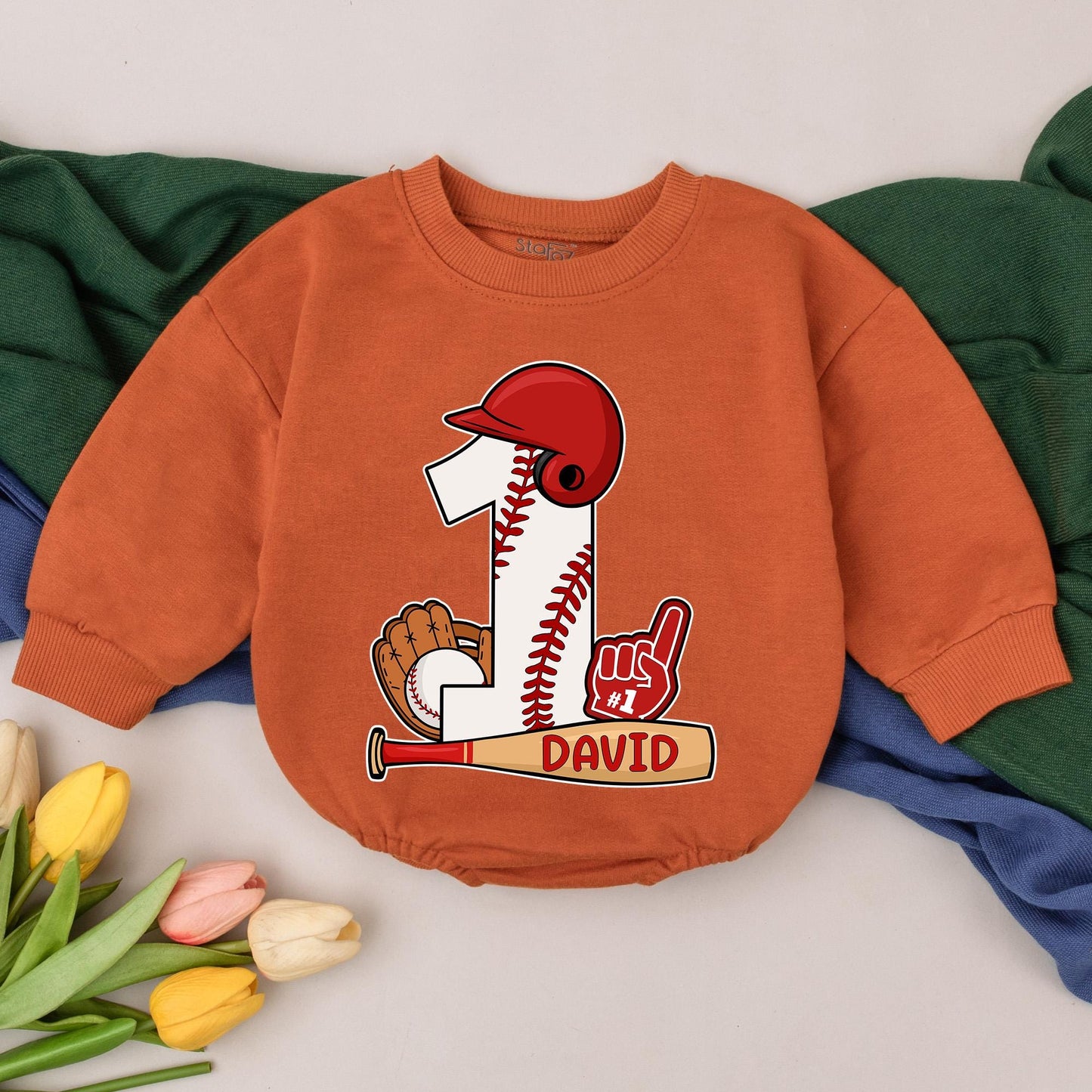 Personalized Baseball 1st Birthday Romper Baby Boy Outfit featuring Cartoon Number One Design with Bat Glove Helmet Stitching