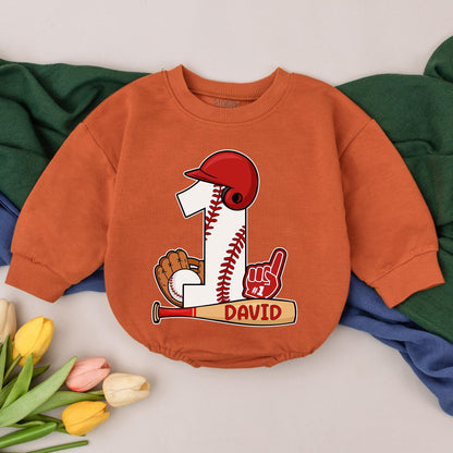 Personalized Baseball 1st Birthday Romper Baby Boy Outfit featuring Cartoon Number One Design with Bat Glove Helmet Stitching