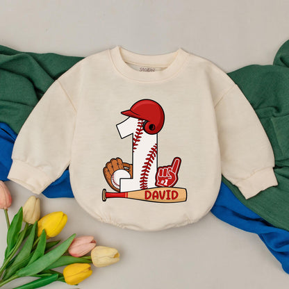 Personalized Baseball 1st Birthday Romper Baby Boy Outfit featuring Cartoon Number One Design with Bat Glove Helmet Stitching