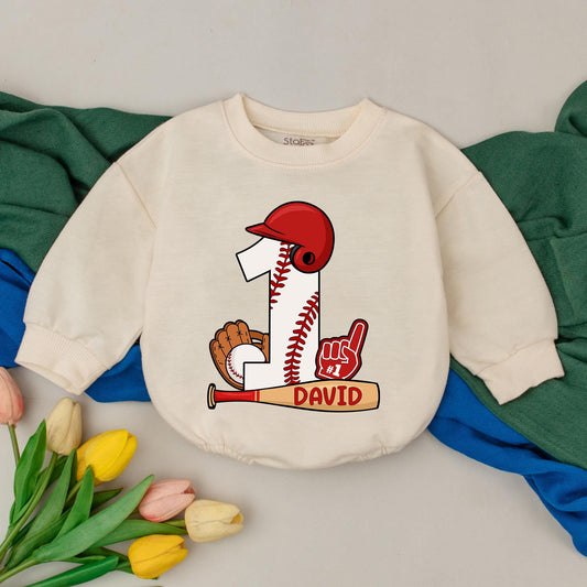 Personalized Baseball 1st Birthday Romper Baby Boy Outfit featuring Cartoon Number One Design with Bat Glove Helmet Stitching