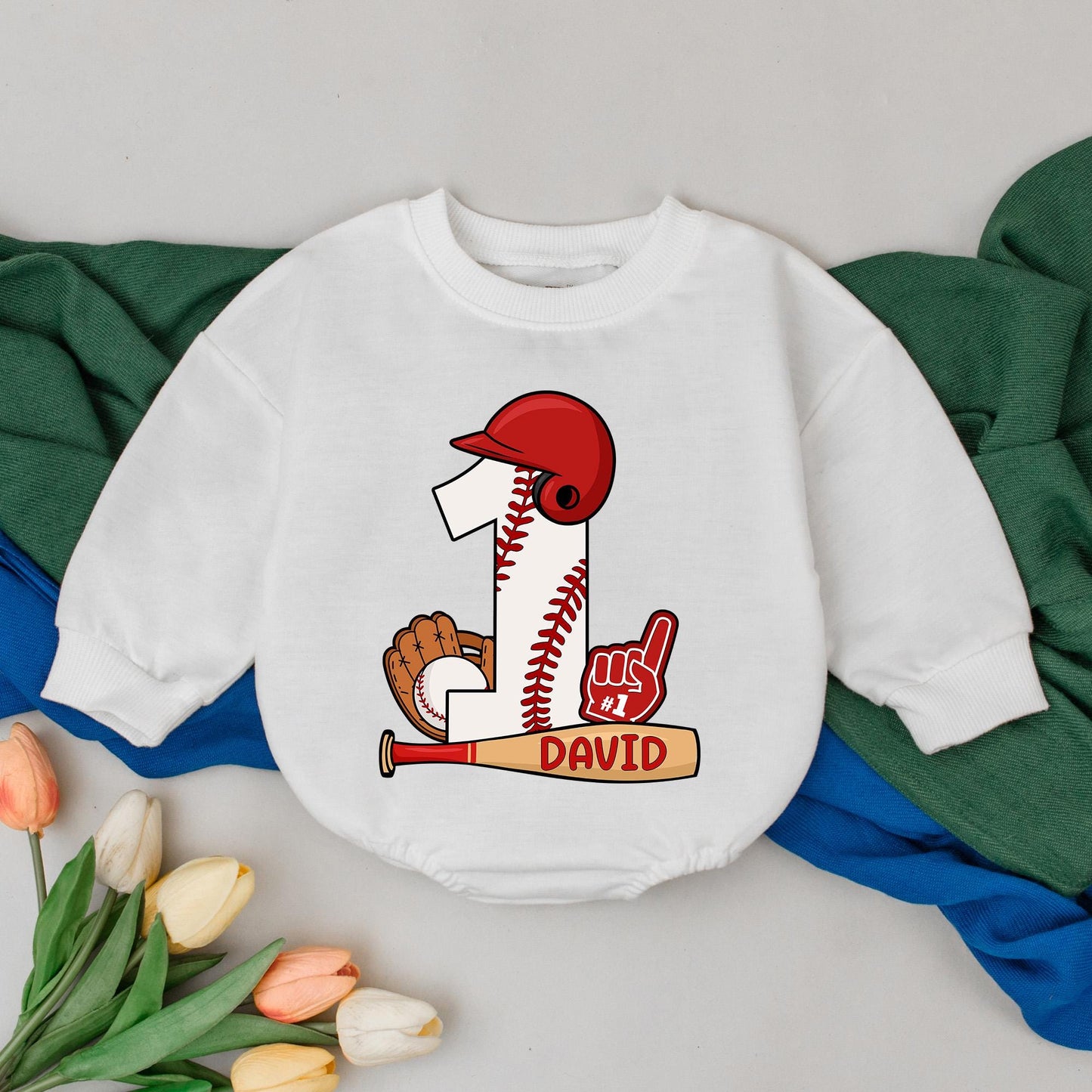 Personalized Baseball 1st Birthday Romper Baby Boy Outfit featuring Cartoon Number One Design with Bat Glove Helmet Stitching