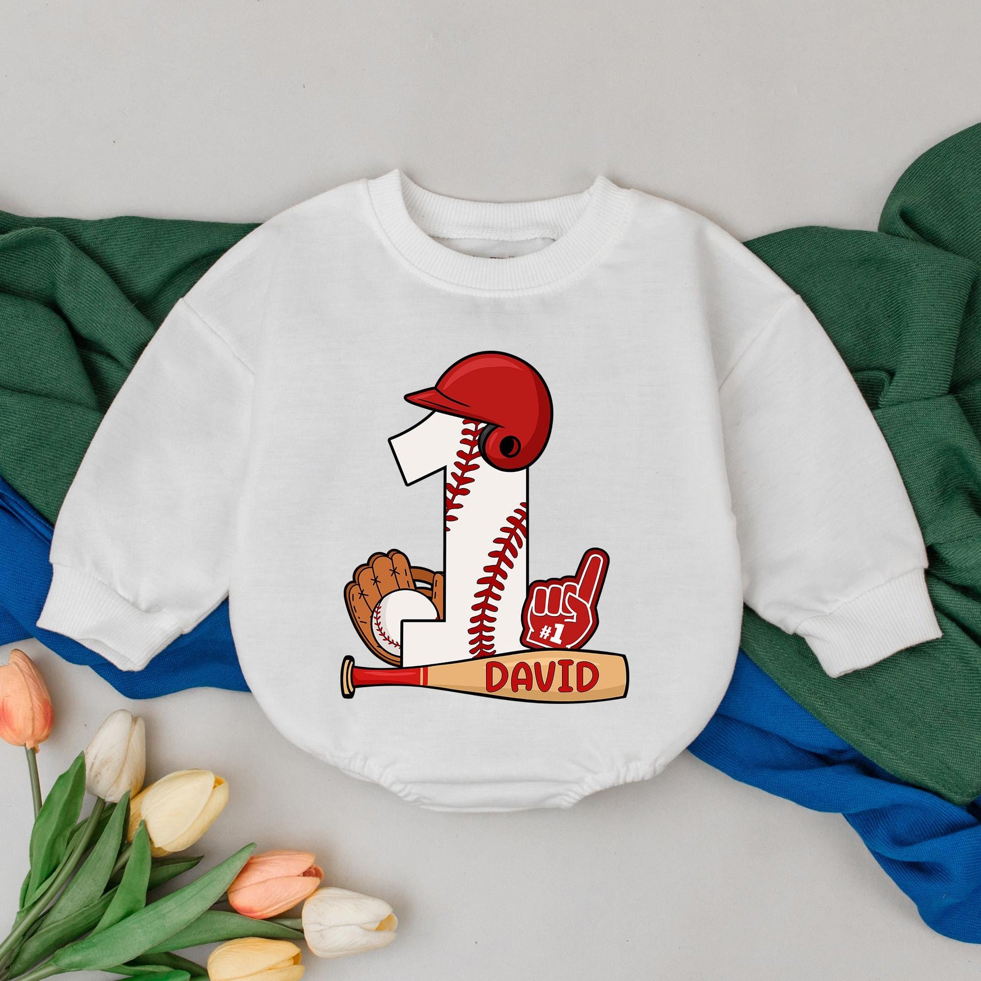 Personalized Baseball 1st Birthday Romper Baby Boy Outfit featuring Cartoon Number One Design with Bat Glove Helmet Stitching