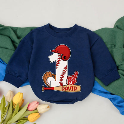 Personalized Baseball 1st Birthday Romper Baby Boy Outfit featuring Cartoon Number One Design with Bat Glove Helmet Stitching