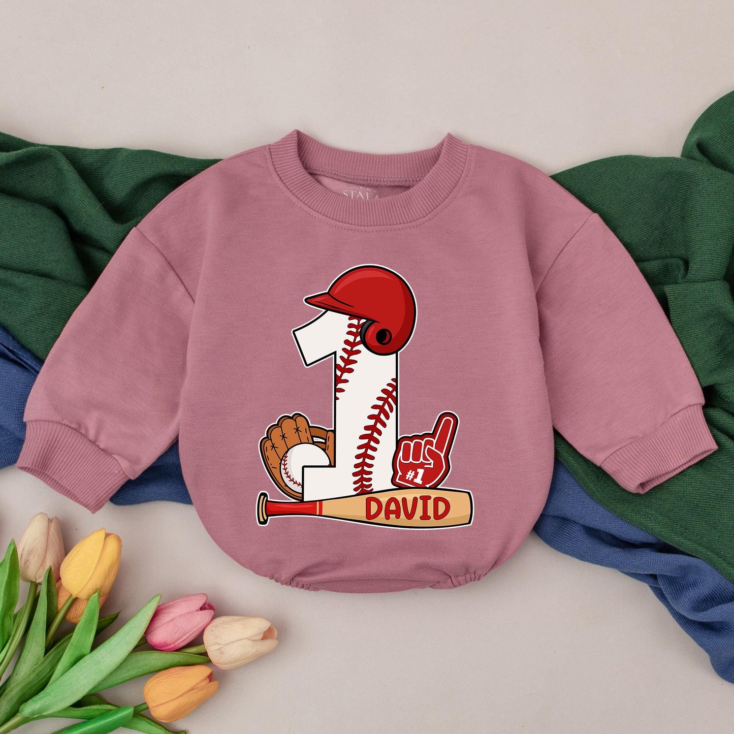 Personalized Baseball 1st Birthday Romper Baby Boy Outfit featuring Cartoon Number One Design with Bat Glove Helmet Stitching