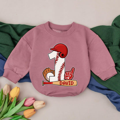 Personalized Baseball 1st Birthday Romper Baby Boy Outfit featuring Cartoon Number One Design with Bat Glove Helmet Stitching