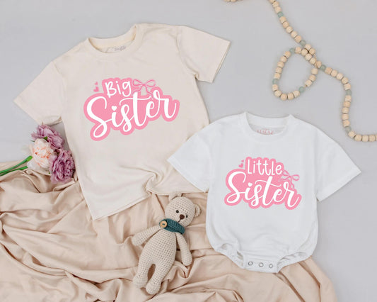 Adorable Big Sister Little Sister Matching Outfit Cute Pink Bow Toddler Shirt Baby Bubble Romper Sister Announcement Gift for Girls