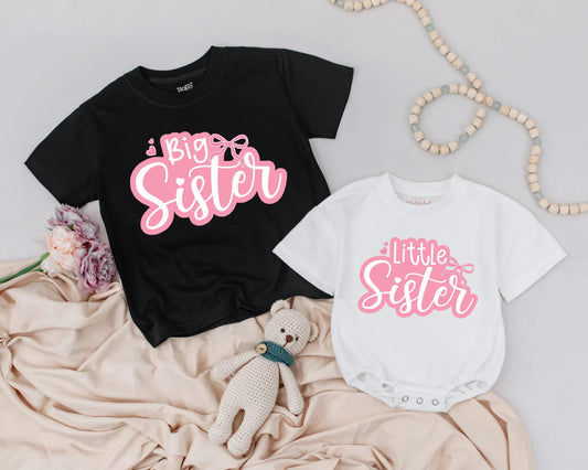 Adorable Big Sister Little Sister Matching Outfit Cute Pink Bow Toddler Shirt Baby Bubble Romper Sister Announcement Gift for Girls