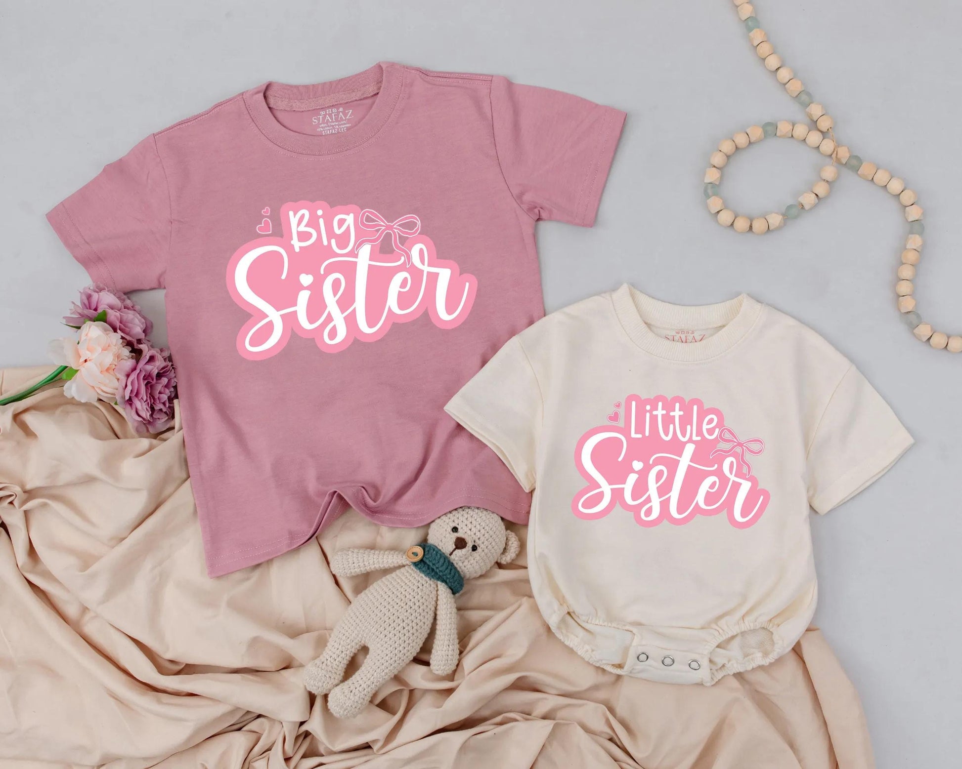 Adorable Big Sister Little Sister Matching Outfit Cute Pink Bow Toddler Shirt Baby Bubble Romper Sister Announcement Gift for Girls