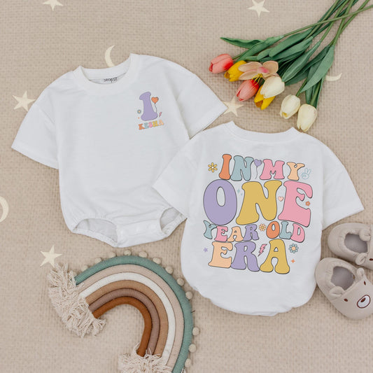 Groovy Pastel "In My One Year Old Era" Baby Romper Retro Flower Star Peace Sign Birthday Outfit Whimsical Pastel Colors 1st Birthday Bodysuit Baby Shower Gift