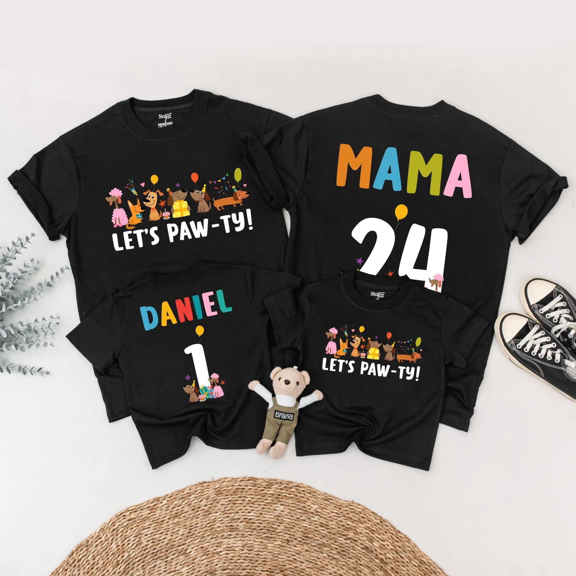 Let's Paw-ty Matching Family Birthday Shirts Cute Cartoon Dog Party Outfits Custom Name Age Kid Parent Dog Lover Celebration Tees