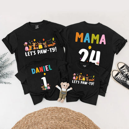 Let's Paw-ty Matching Family Birthday Shirts Cute Cartoon Dog Party Outfits Custom Name Age Kid Parent Dog Lover Celebration Tees