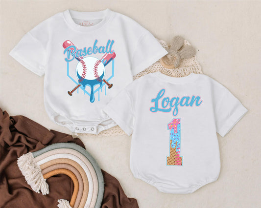 Baseball Birthday Baby Boy Romper – Personalized First Birthday Outfit with Custom Name, Cake Smash Sports Theme, Summer Baby Gift