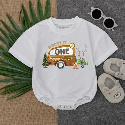 Custom One Happy Camper Baby Boy 1st Birthday Romper Camping Adventure Woodland Forest Theme Short Sleeve Bubble Outfit