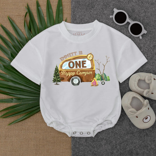 Custom One Happy Camper Baby Boy 1st Birthday Romper Camping Adventure Woodland Forest Theme Short Sleeve Bubble Outfit