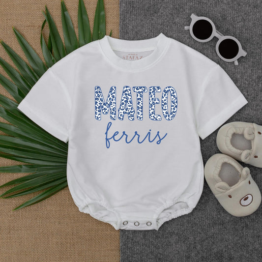 Navy Leopard Baby Boy Romper Personalized Wild Animal Safari Outfit Custom Name Gift for Toddlers