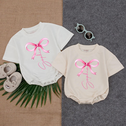 Personalized Baby Pink Bow Bubble Romper T-Shirt Outfit for Infant Girls Adorable Soft Comfortable Summer Baby Shower Gift Idea