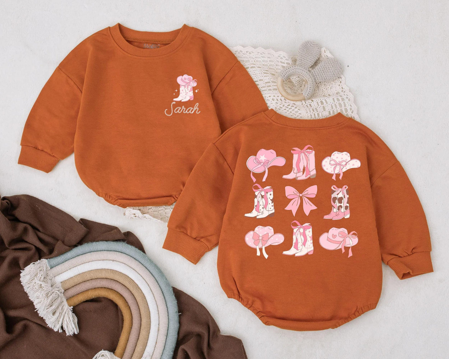 Pink Bow Cowgirl Birthday Romper - Personalized Name Western Baby Girl Outfit, Rodeo Theme Summer Bubble Romper Gift