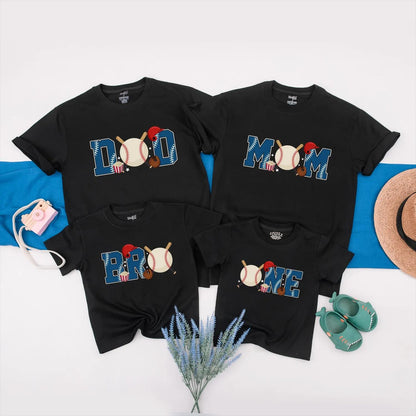 Baseball Birthday Family Matching Shirts Dad Mom Bro One First Birthday Outfit themed party clothes for baby boy, toddler, and parents celebrating a fun sports event.