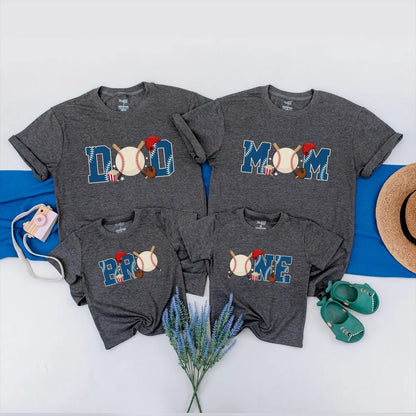 Baseball Birthday Family Matching Shirts Dad Mom Bro One First Birthday Outfit themed party clothes for baby boy, toddler, and parents celebrating a fun sports event.