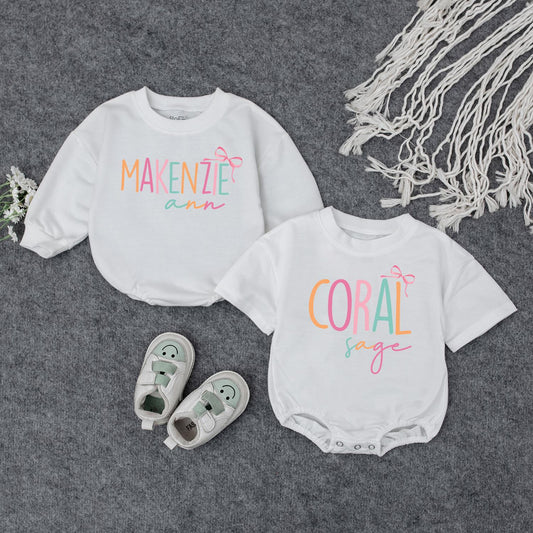 Personalized Makenzie & Coral Baby Girl Romper Newborn Outfit Custom Name Infant Clothes with Bow Baby Shower Gift