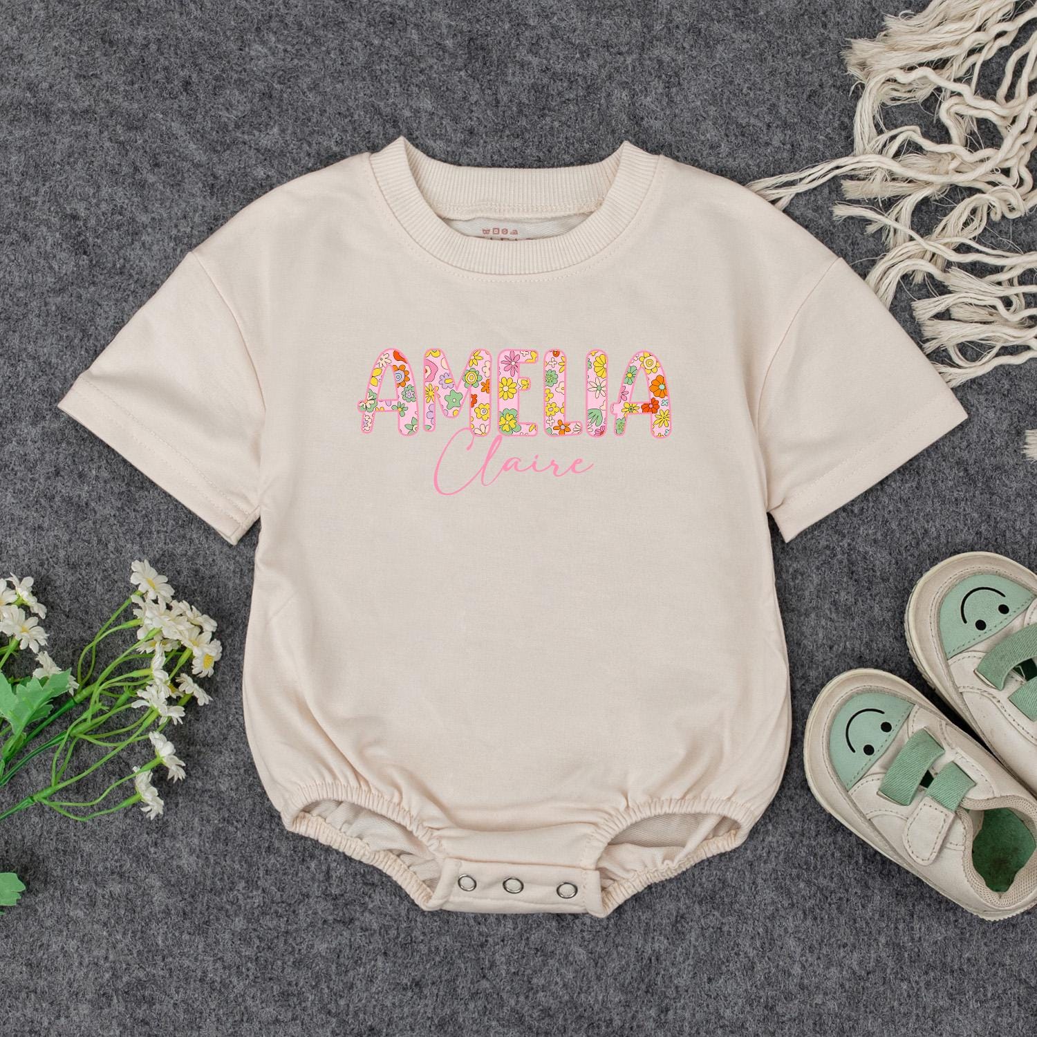 Personalized Baby Girl Romper with Floral First Name & Pink Cursive Middle Name Custom Newborn Outfit Baby Shower Gift