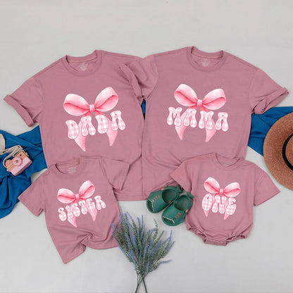 Personalized Pink Bow First Birthday Matching Outfits Mama Baby Girl Coquette Party Special Day Celebration