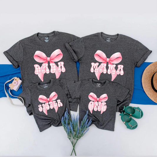 Personalized Pink Bow First Birthday Matching Outfits Mama Baby Girl Coquette Party Special Day Celebration