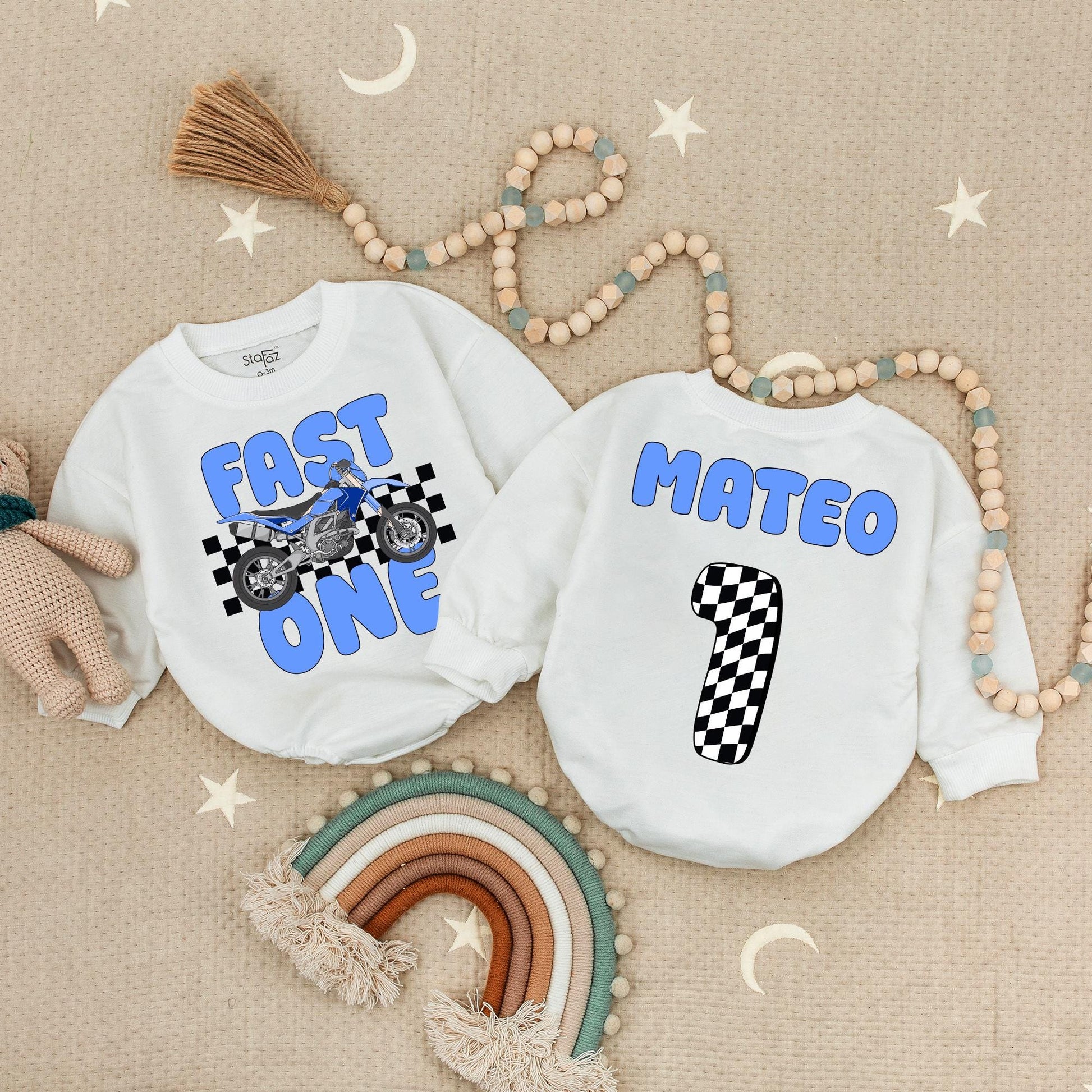 Fast One Motorcycle Romper for Baby Boy's 1st Birthday, Checkered Racing Bodysuit for Moto Birthday, Blue Dirt Bike Outfit, Mateo Number One Party Theme 138 chars