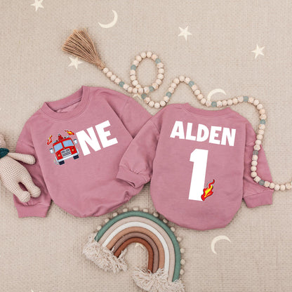 Firetruck Fireman 1st Birthday Baby Romper, Boy's Fire Truck Outfit, Alden's One Firefighter Bodysuit, Red Black Celebration Clothes