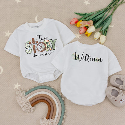 True Story Floral Easter Baby Bodysuit, He is Risen Outfit, Custom Name Romper, Christian Gift, Floral Accent, Baby Boy Girl Clothes 138 chr