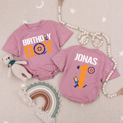 Birthday Boy Target Dart Gun Romper Set: Jonas 1st Birthday Outfit with Toy Gun & Blue Target. Baby Boy Shooting Party